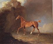 Benjamin Marshall, A Golden Chestnut Racehorse by a Rock Formation With a Town Beyond